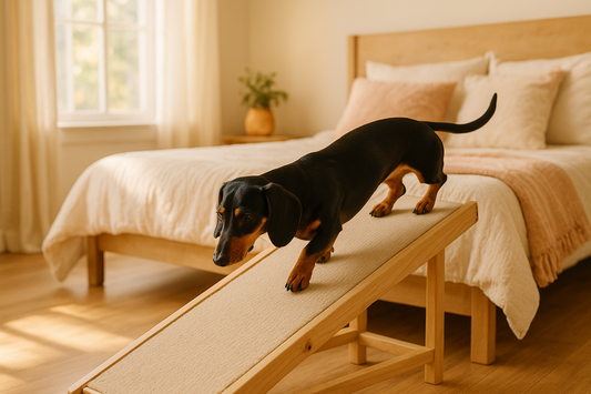 An elderly dachshund uses a ramp to get out of bed in a cozy bedroom.