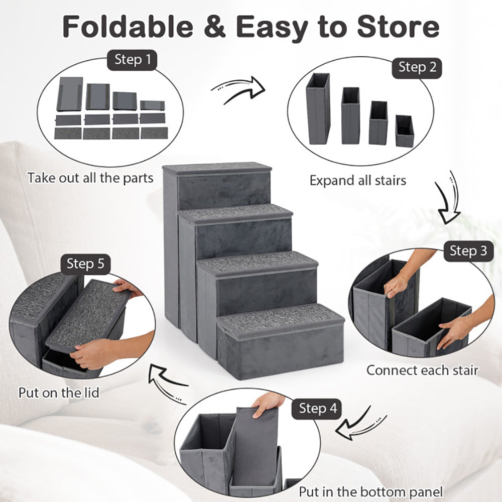 Instructions for folding and storing a set of gray pet stairs.