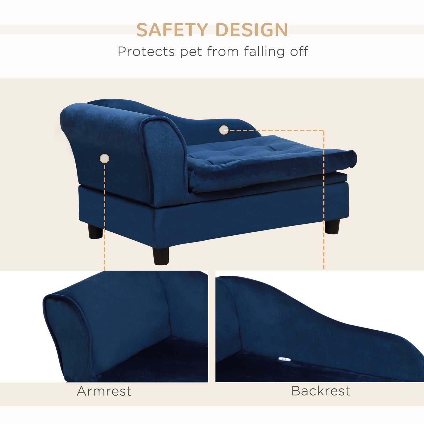 Blue pet bed with safety design features on a beige background