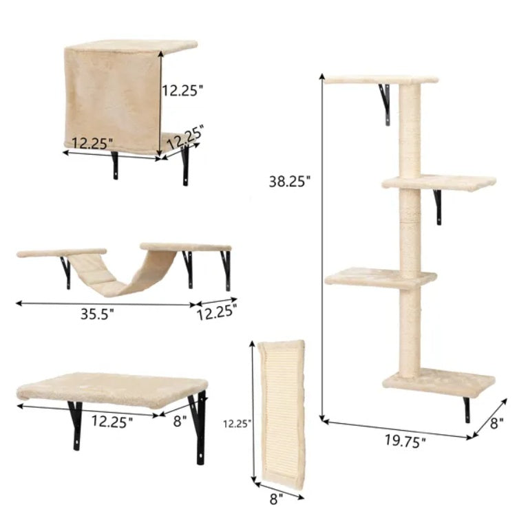 Dimensions of a multi-level cat tree with various platforms and shelves.