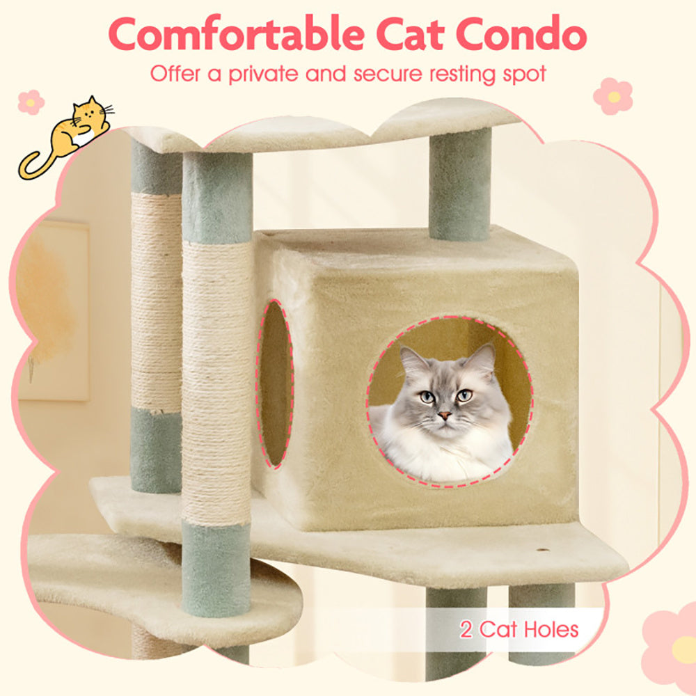 Cat condo with two cat holes on a light pink background