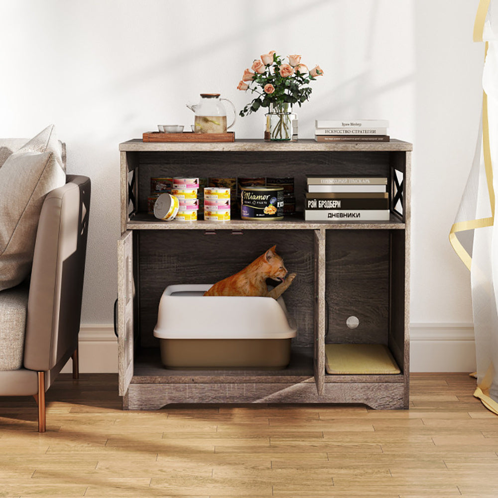 Wooden cabinet with a pet litter box inside, placed in a living room setting.