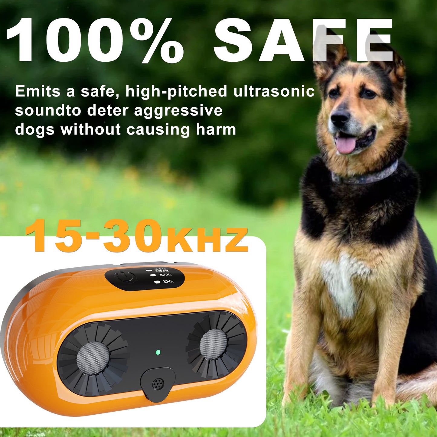 Dog with an ultrasonic device, claiming to emit a safe, high-pitched sound to deter aggressive dogs.