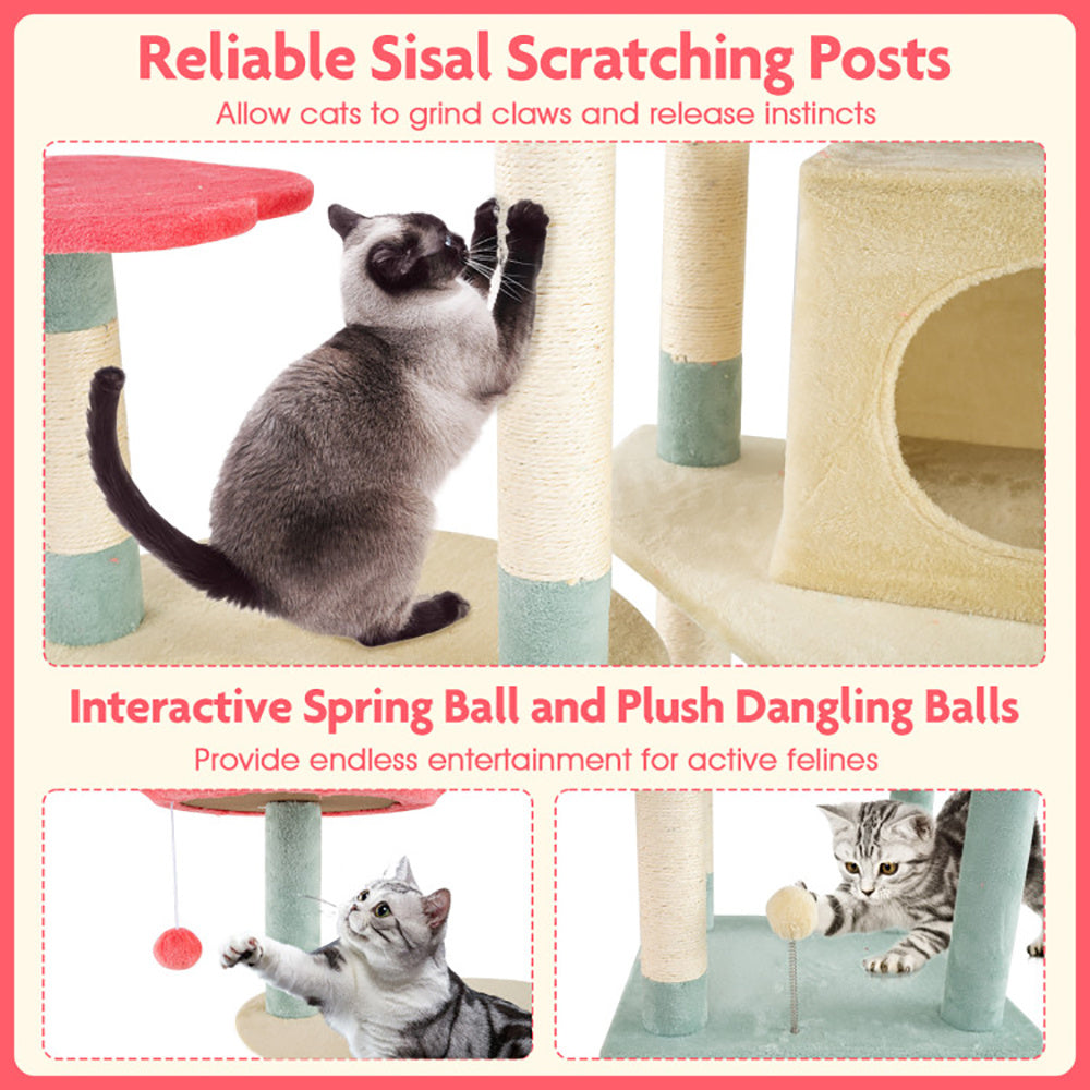 Cat playing with a scratching post and interactive toys on a pink background