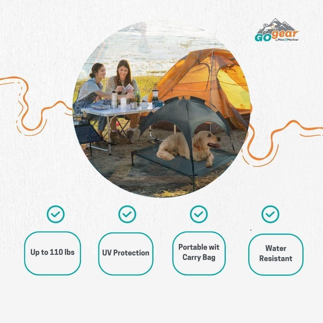 Camping scene with people and a dog under a tent, featuring Gogear brand.
