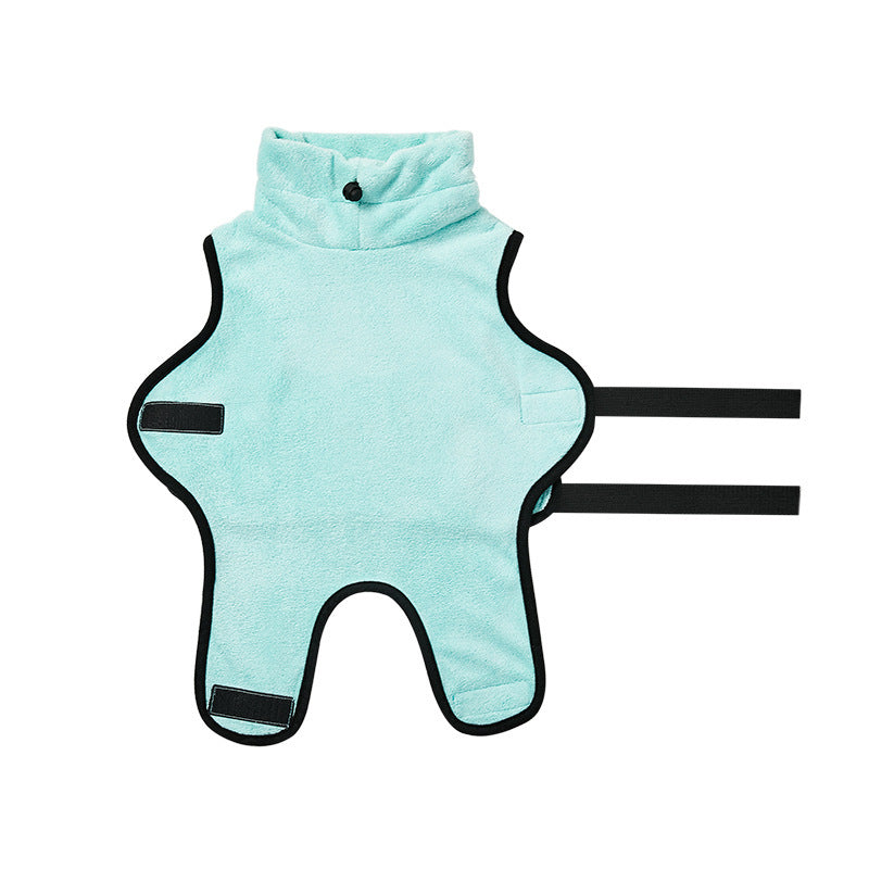 Light blue dog bath towel with black straps on a white background
