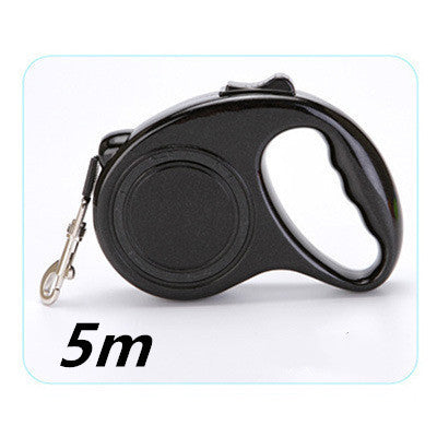 Black retractable dog leash with 5m label on a white background