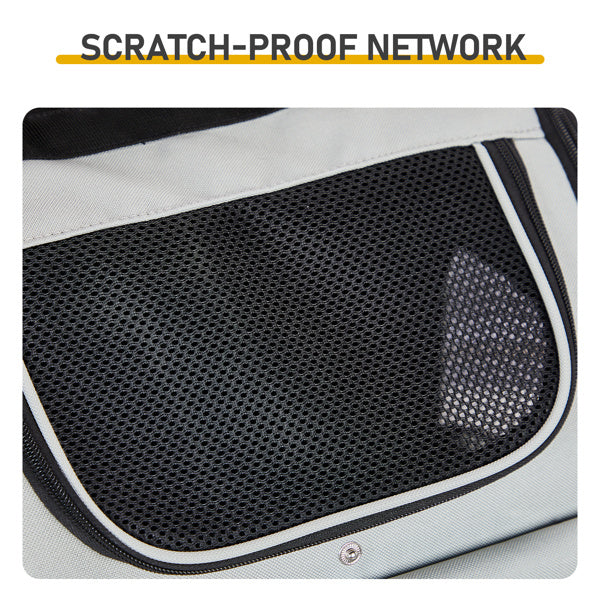 Scratch-proof network material on a pet carrier with text overlay.
