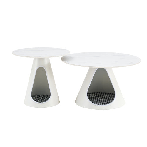 Two white pet beds with a geometric design on a white background