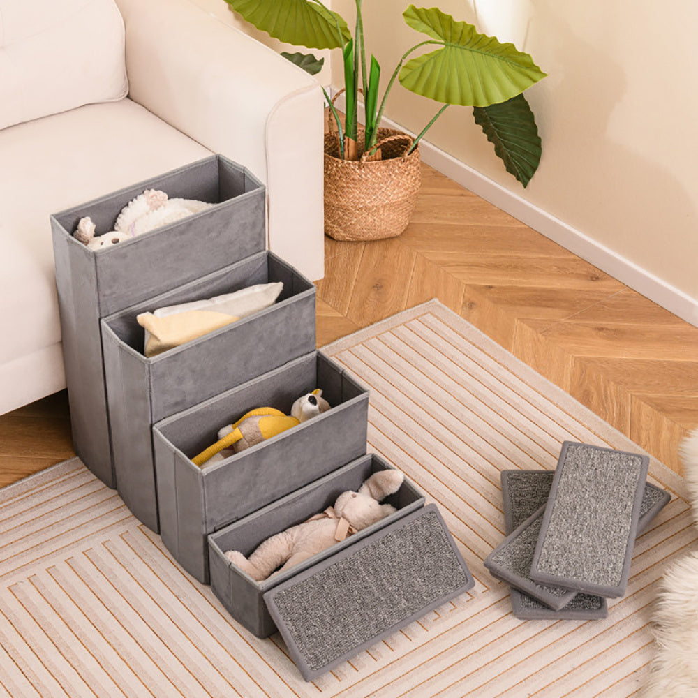 Gray storage bins with toys on a wooden floor in a living room setting.