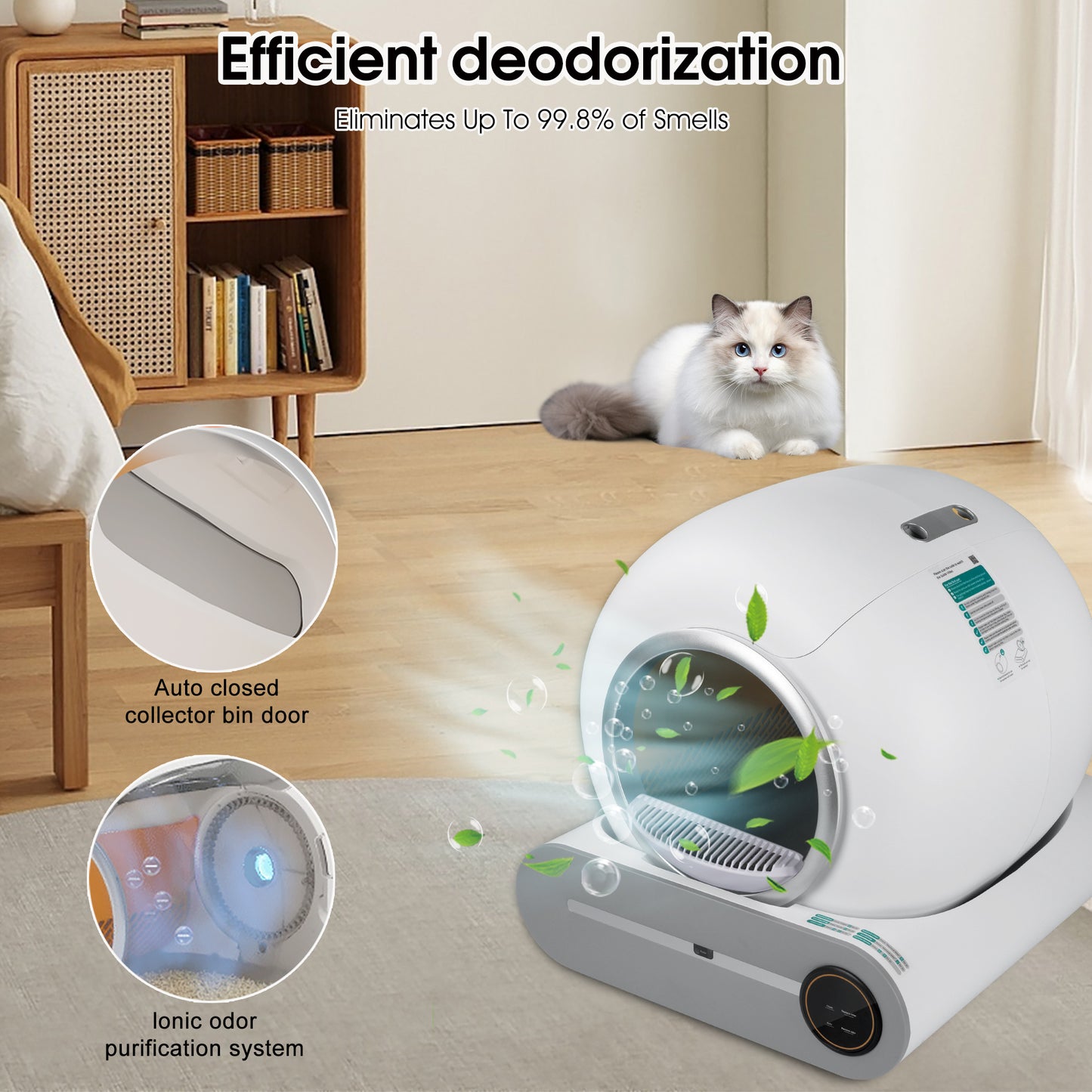 Pet odor elimination device with a cat sitting nearby in a room setting.