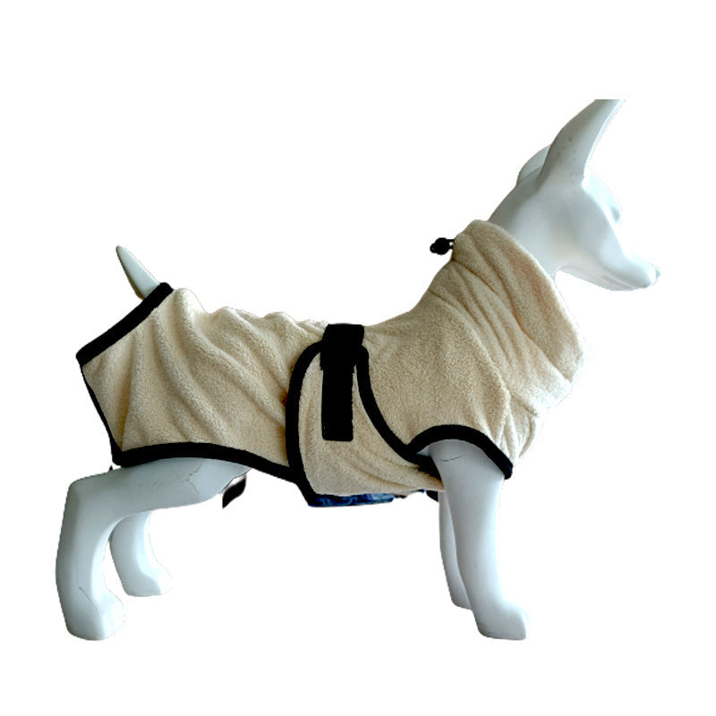 Beige dog bath towel with black trim on a white mannequin with dog head