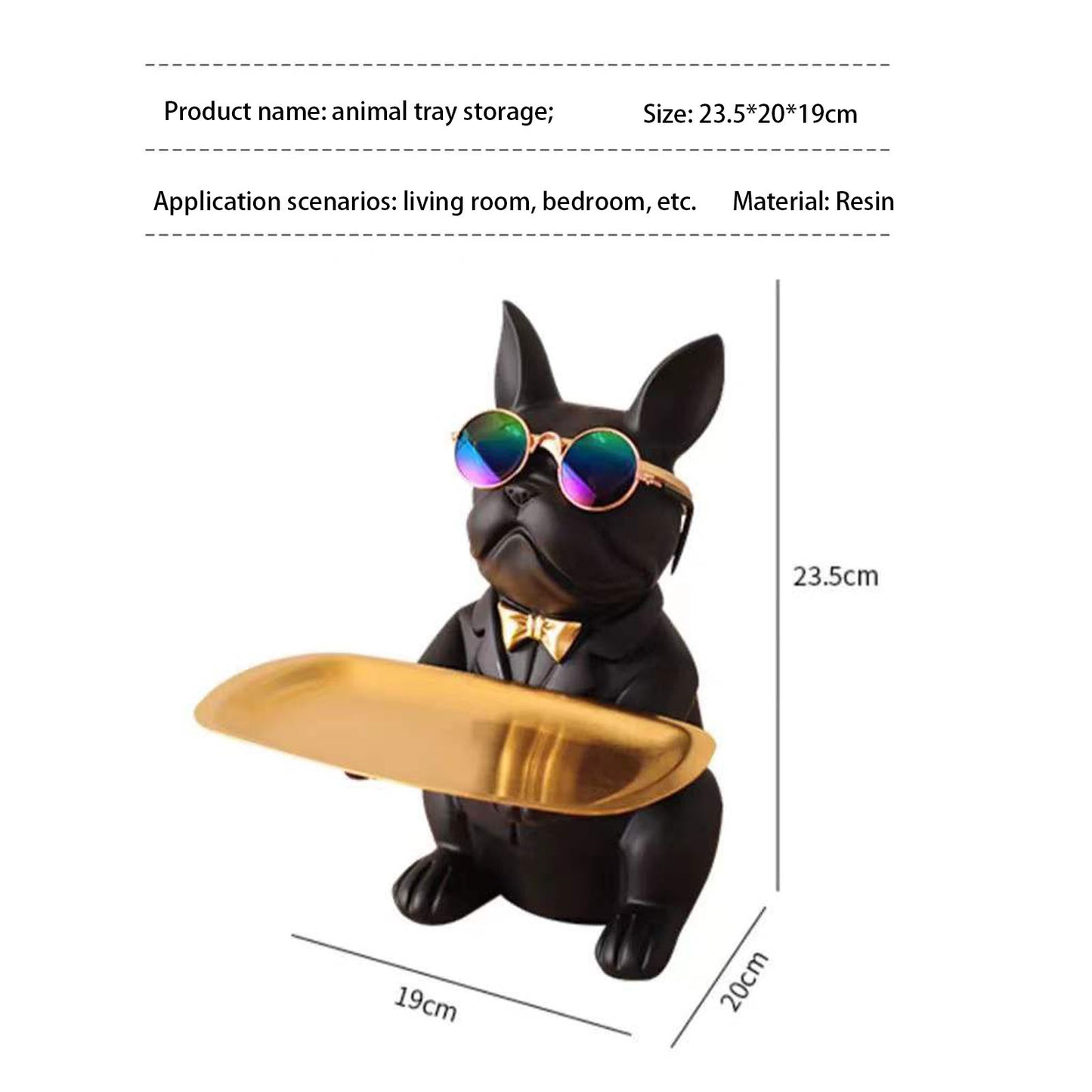 Dog-shaped tray holder with sunglasses and a bow tie, featuring dimensions and material details.