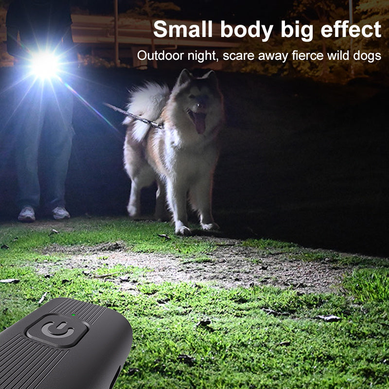 Dog being scared by a flashlight with text 'Small body big effect' and 'Outdoor night, scare away fierce wild dogs'.