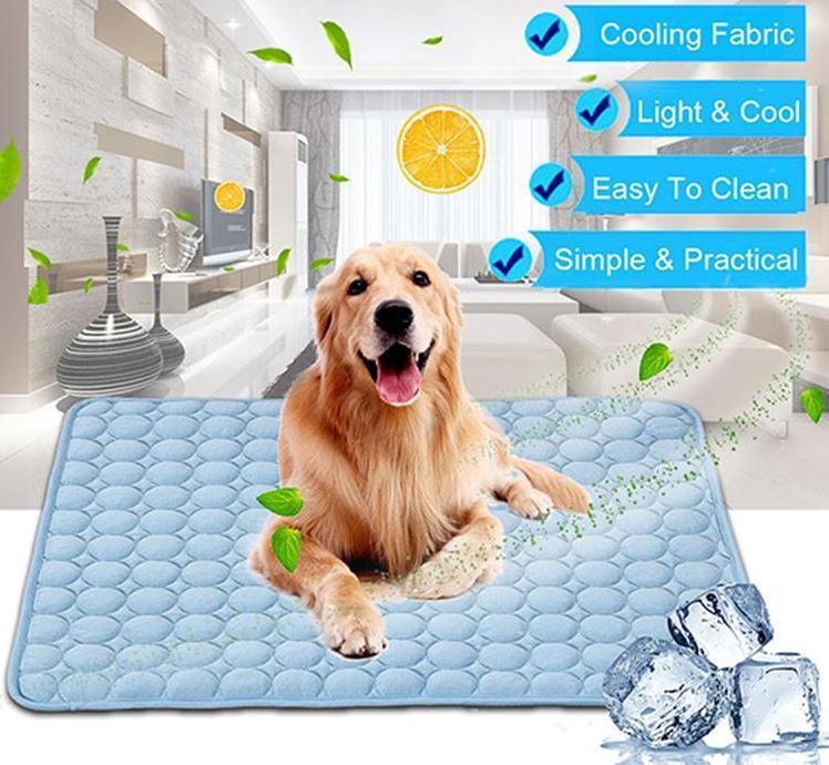 Dog lying on a cooling pad with features listed above