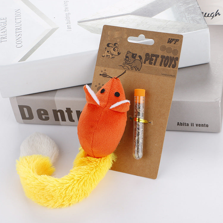 Orange and yellow fox-shaped pet toy with packaging on a white background