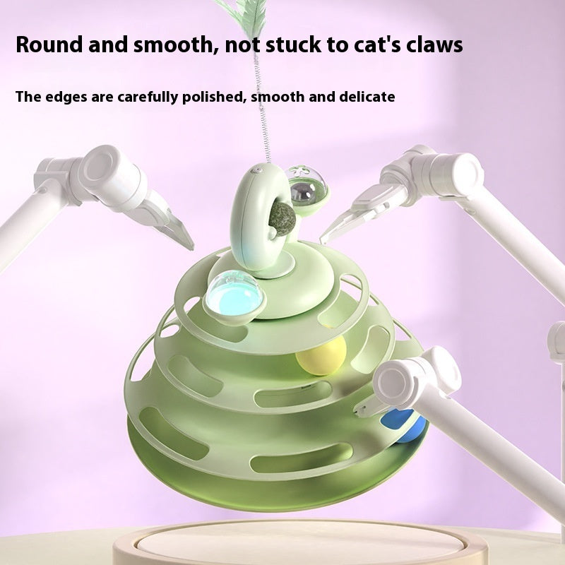 Green cat toy with text on a light purple background