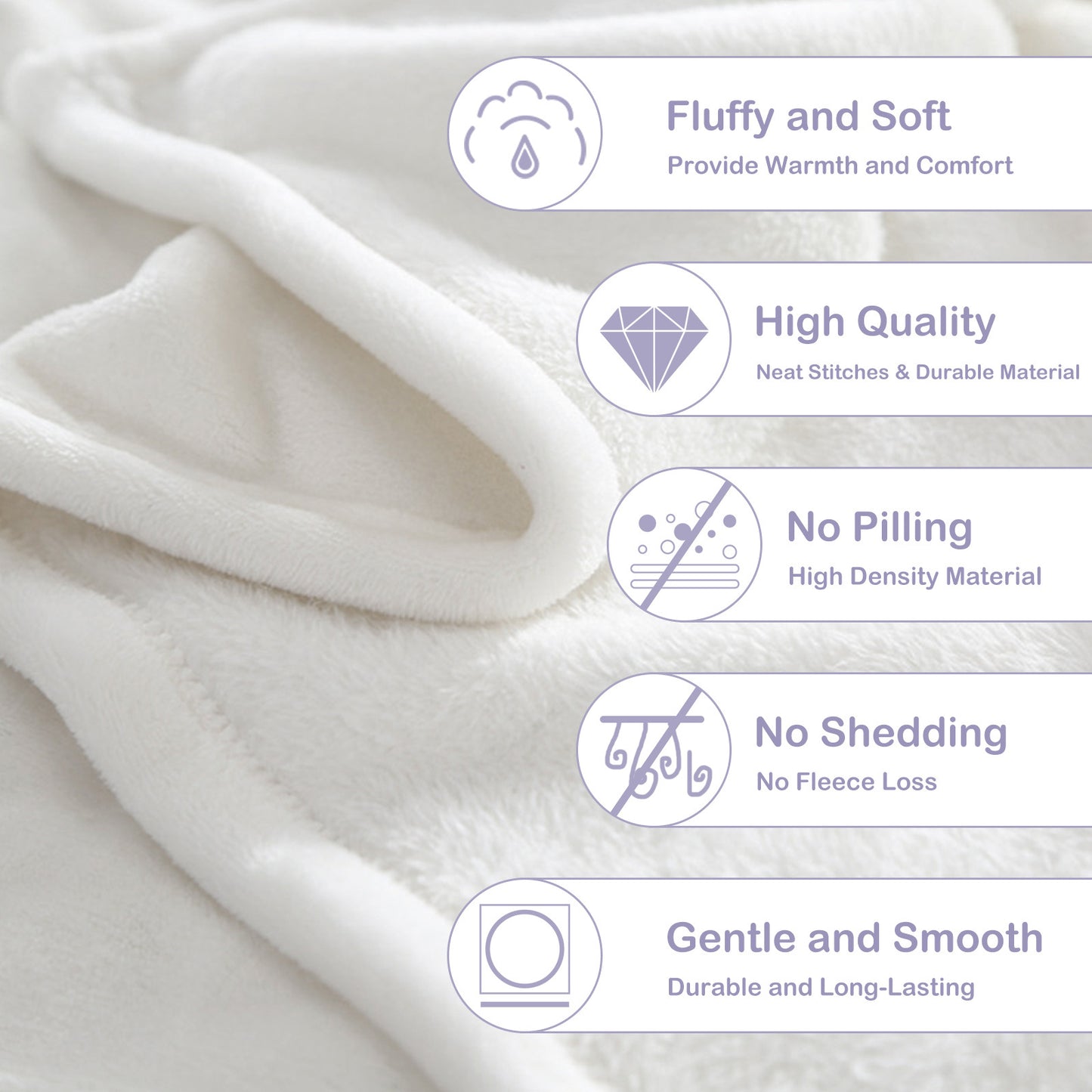 White fabric with text highlighting features like fluffiness, softness, quality, no pilling, no shedding, and gentleness.
