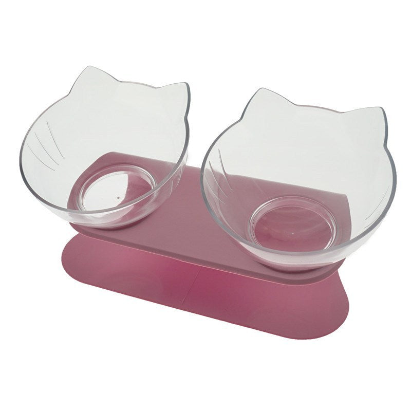 Cat-shaped pink pet feeder with two bowls on a white background