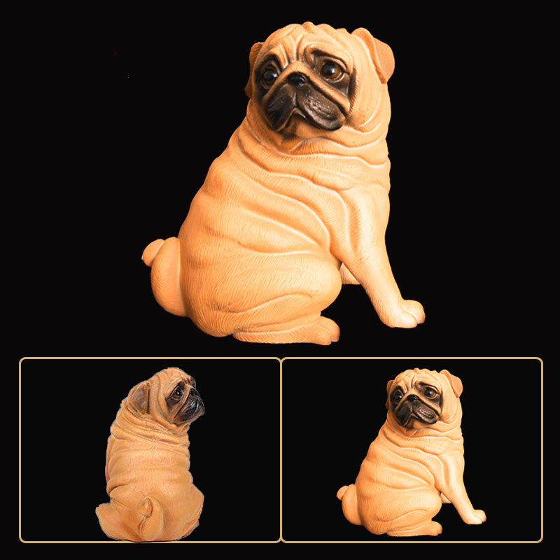 Wooden pug dog figurine with three viewing angles on a black background