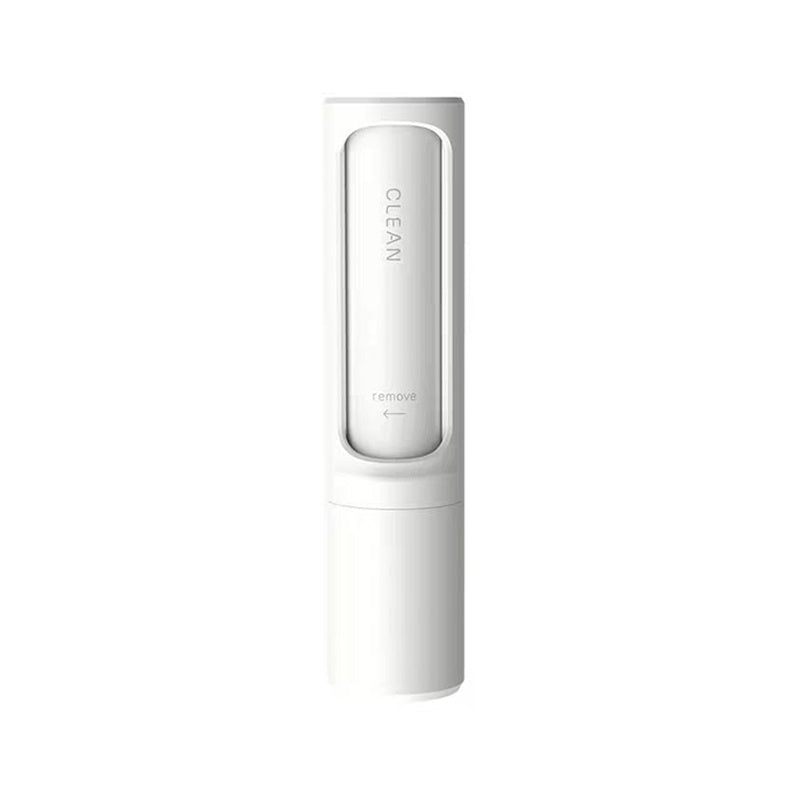 White pet hair remover with a screen displaying the word 'CLEAN' on a white background