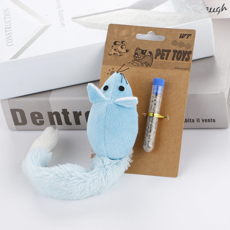 Blue cat toy with a pen on a 'Pet Toys' packaging