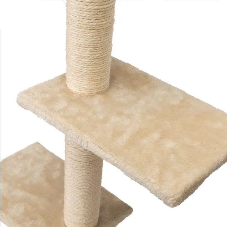 Beige cat tree with multiple platforms and a scratching post on a white background