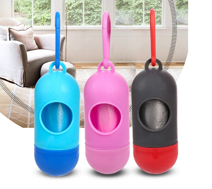 Three colorful pet waste bags dispensers on a white background