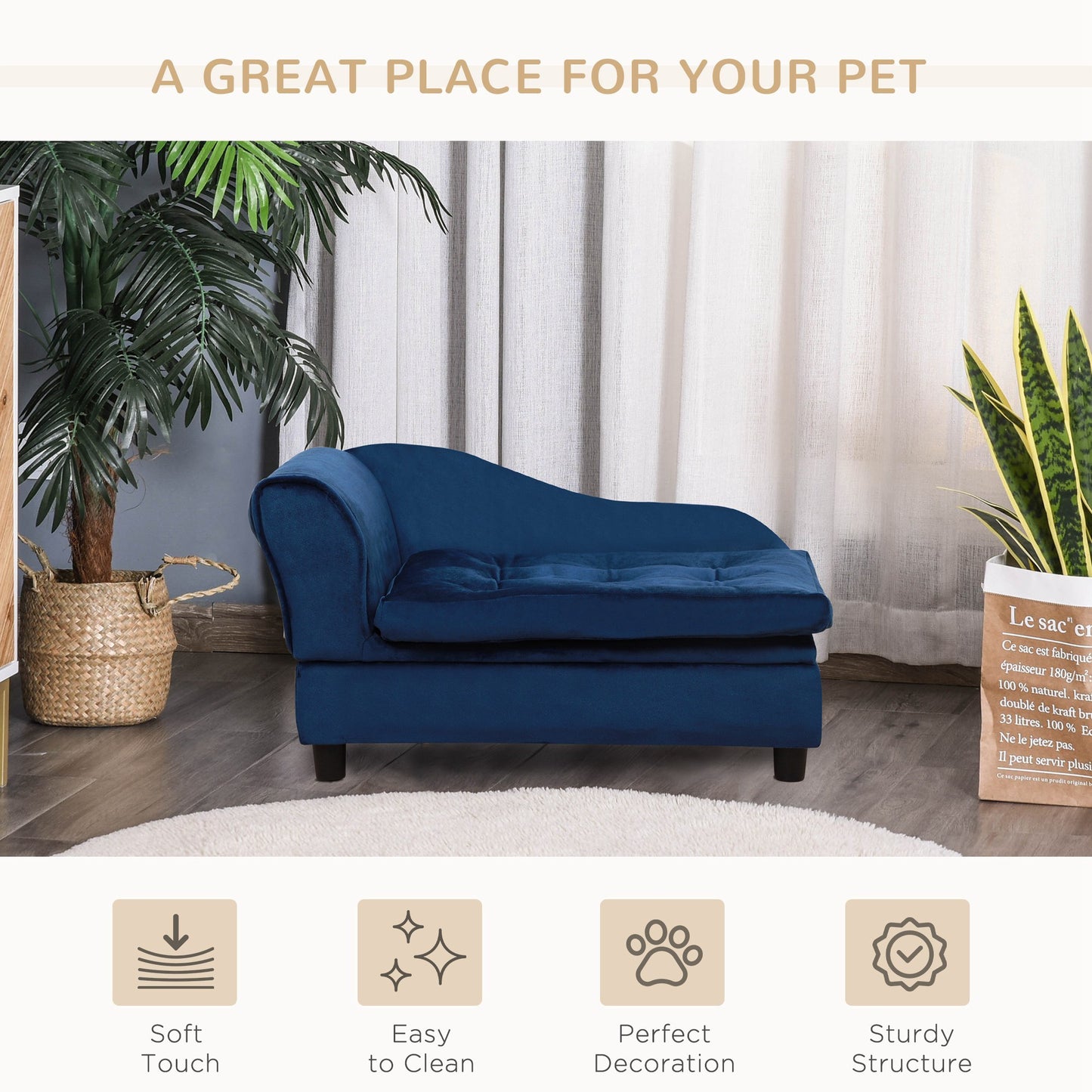 Blue pet bed in a room with plants and text about it being a great place for pets.