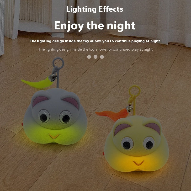 Two glowing toy characters on a wooden floor with text about lighting effects.