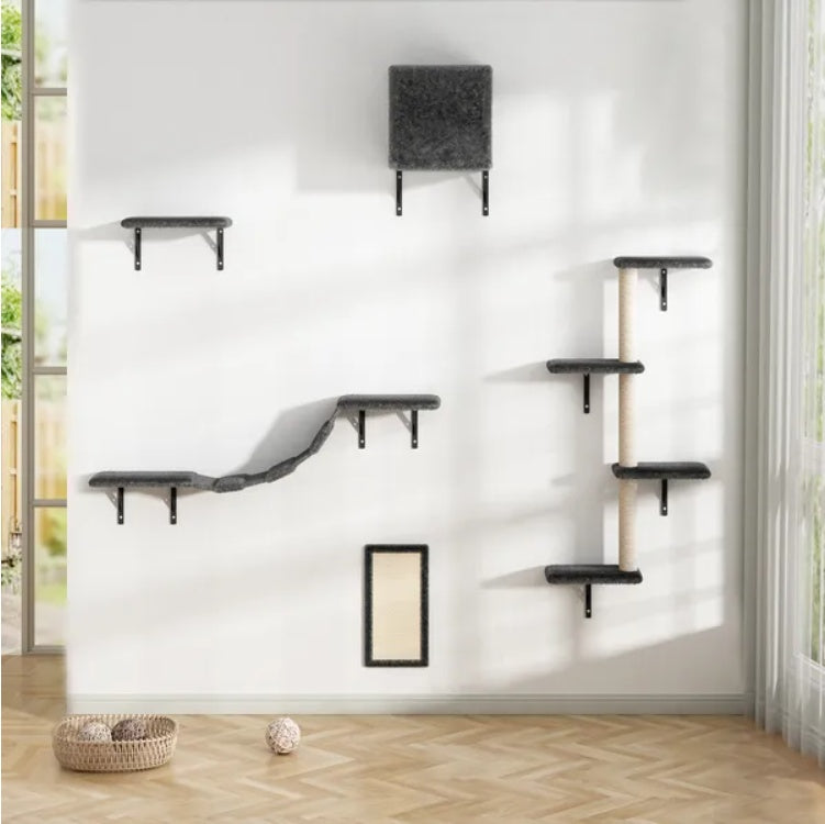 Wall-mounted cat shelves in a room with a wooden floor and a window.