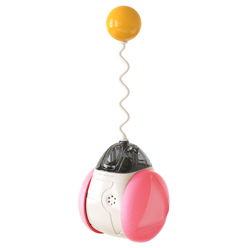 Cat toy with a yellow top, pink and white body on a white background