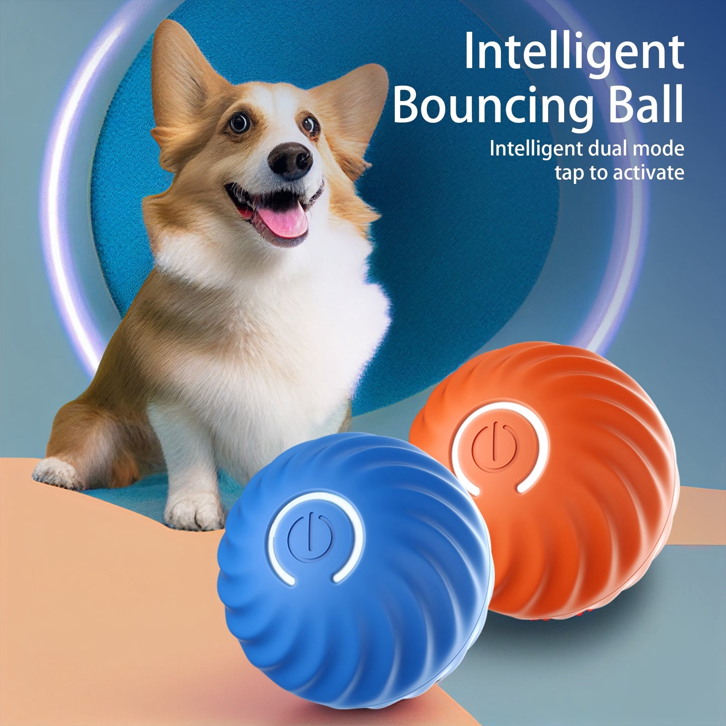 Excited Corgi Dog sitting next to two bouncing balls in blue and orange with the text: "Intelligent Bouncing Ball - Intelligent dual mode - Tap to activate"