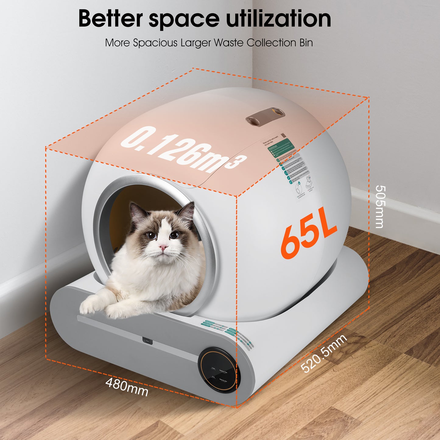 Cat litter box with dimensions and capacity details on a wooden floor.