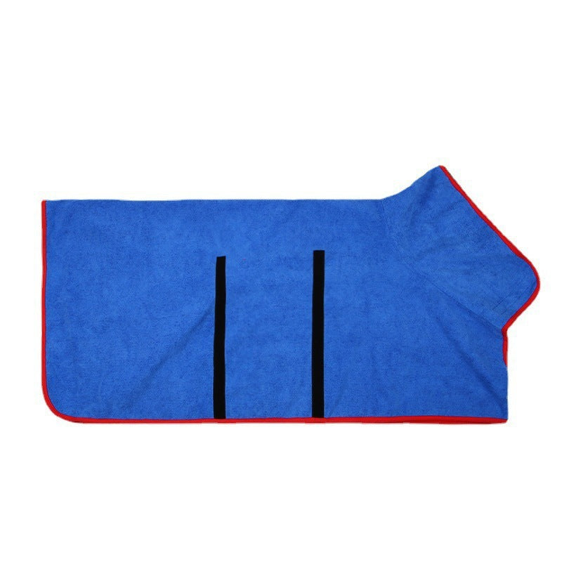 Blue dog towel with red border and black stripes on a white background