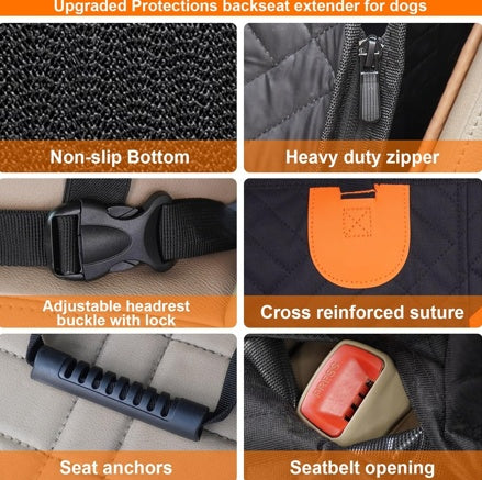 Backseat extender for dogs with features like non-slip bottom, heavy-duty zipper, adjustable headrest buckle, cross-reinforced suture, seat anchors, and seatbelt opening.