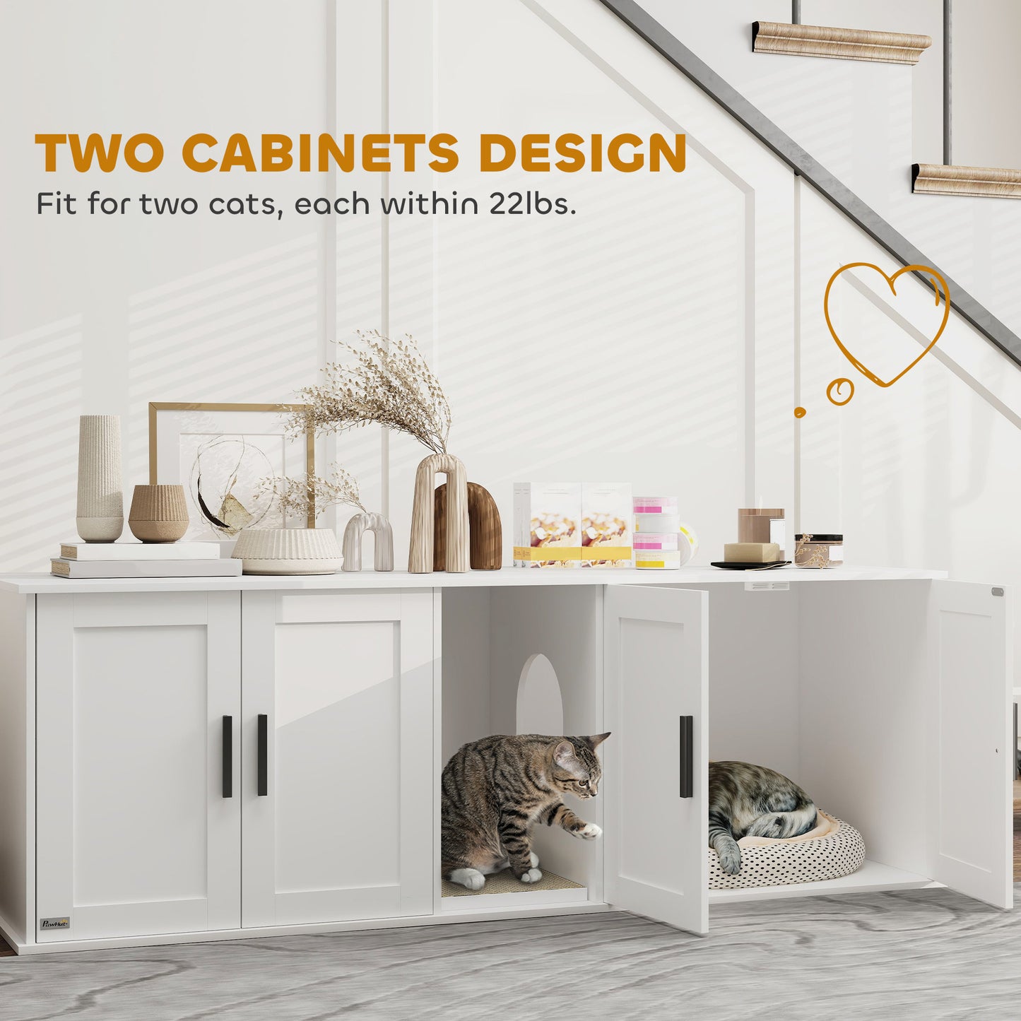 White cabinet with two cat doors, one open showing a cat inside, on a light wood floor.