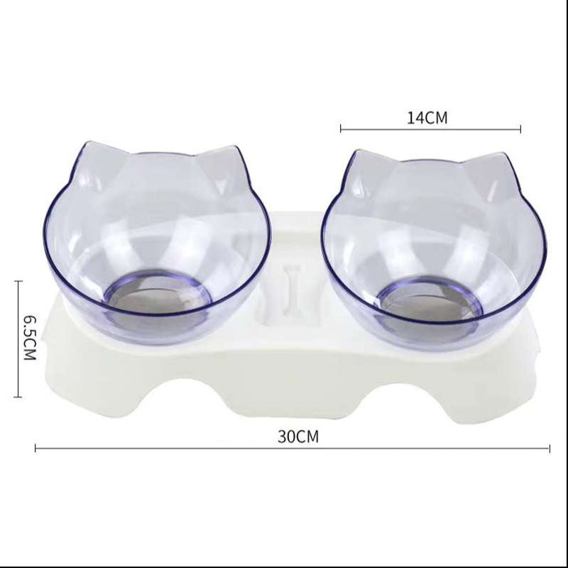 Cat-shaped double bowl feeder with dimensions on a white background