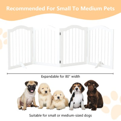 White pet gate with text indicating it's suitable for small to medium pets, expandable up to 80 inches wide, and suitable for dogs.