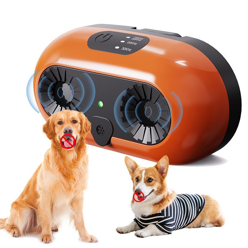 Orange electronic Stop Barking device with two dogs on a white background