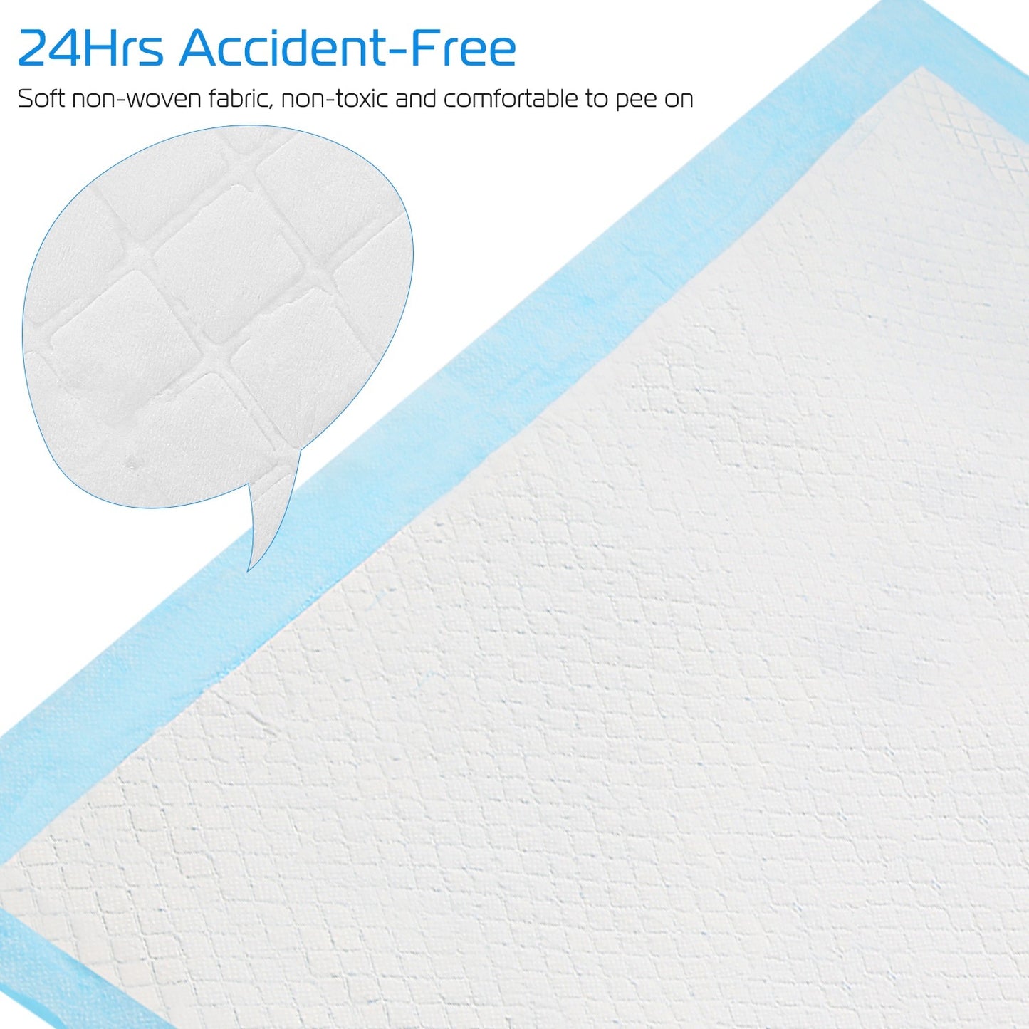 A close-up shot of a training pad demonstrating its soft non-woven fabric, non-toxic and comfortable to pee on.
