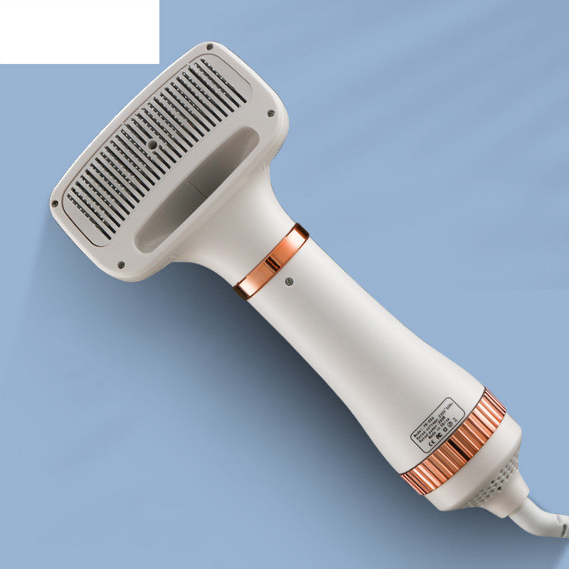 White and rose gold hair dryer on a light blue background