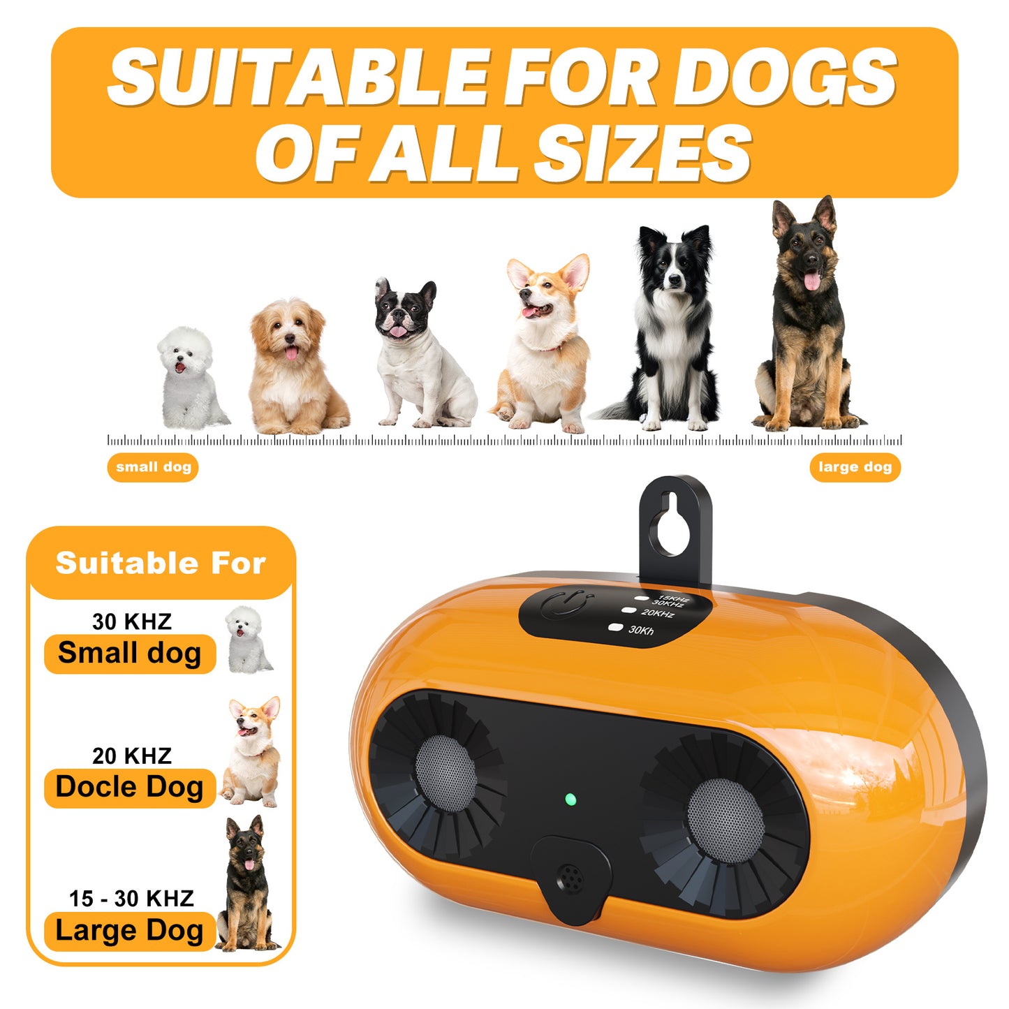 Orange and black electronic device with text indicating compatibility for dogs of all sizes on a white background.