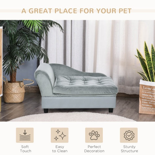 Light gray pet bed in a room with plants and curtains, highlighting features like soft touch, easy cleaning, perfect decoration, and sturdy structure.