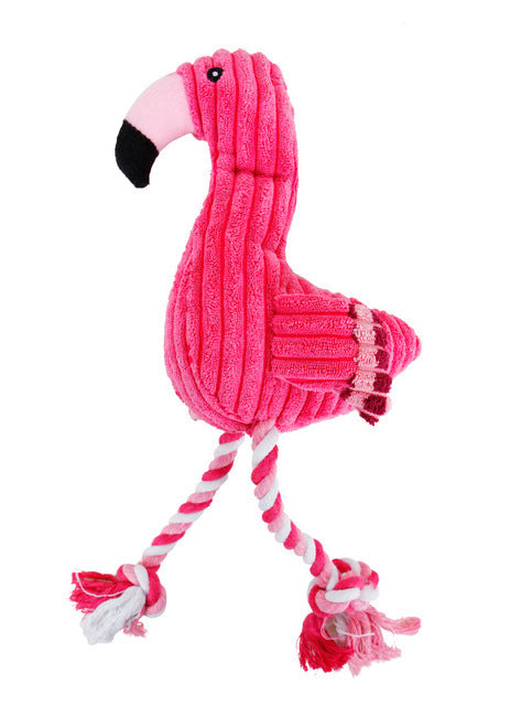 Pink flamingo-shaped rope toy on a white background