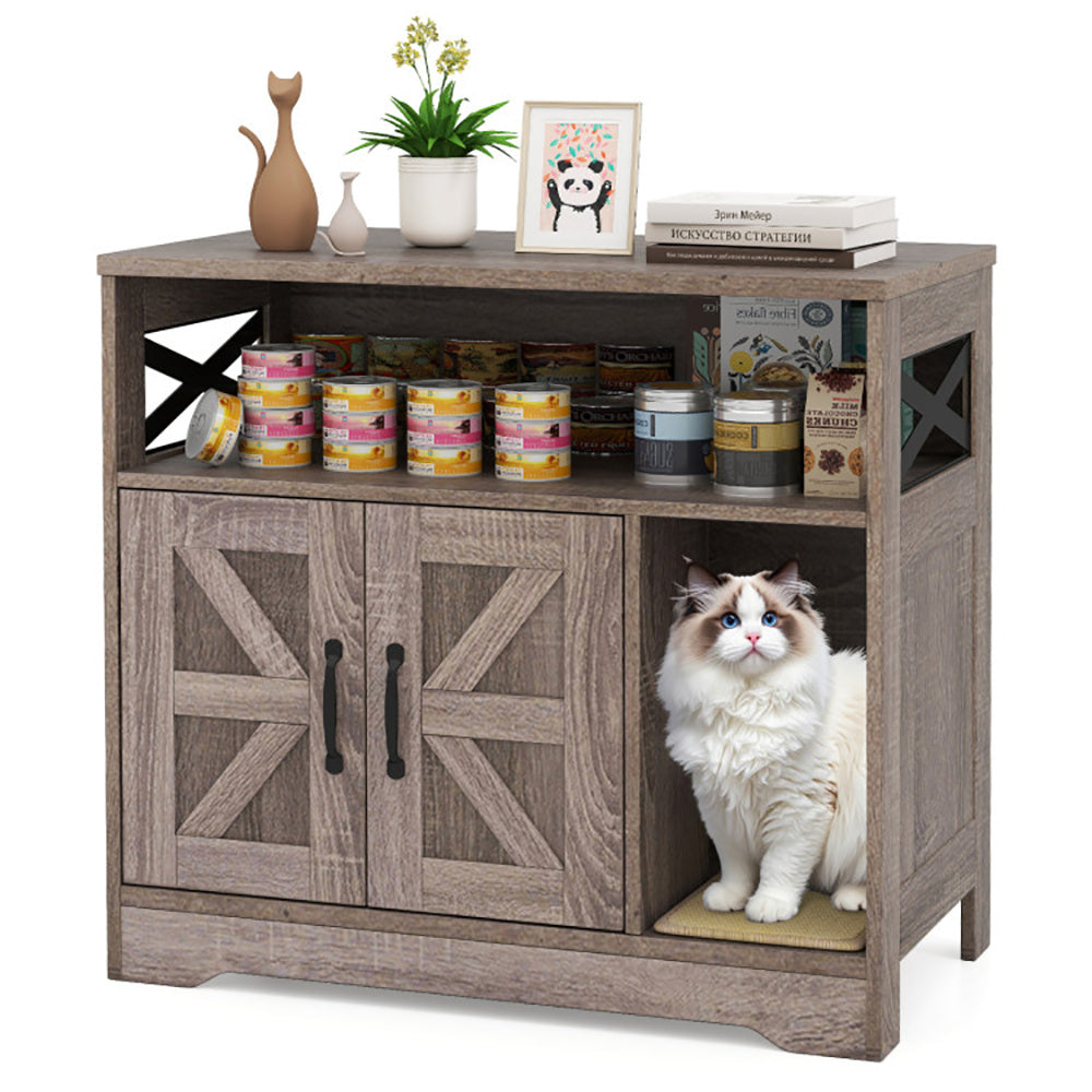 Wooden cabinet with pet door, cat inside, and decorative items on top