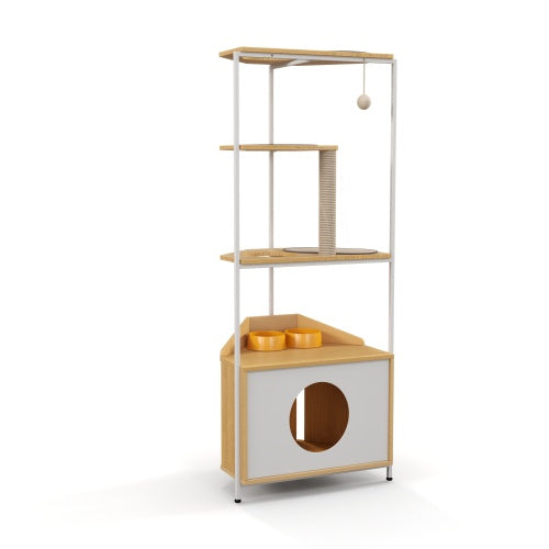 Wooden pet play structure with shelves and a hideout on a white background