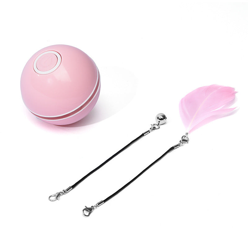Pink handheld mirror with a feather attachment on a white background