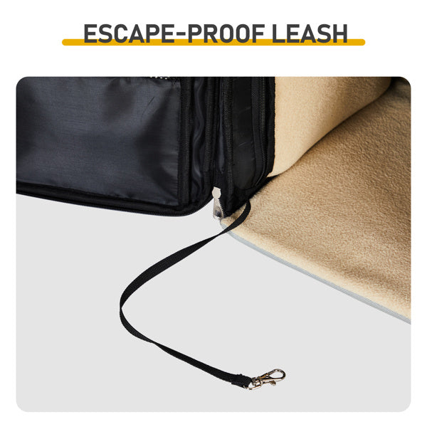 Black escape-proof leash attached to a black bag on a white surface with a brown rug.