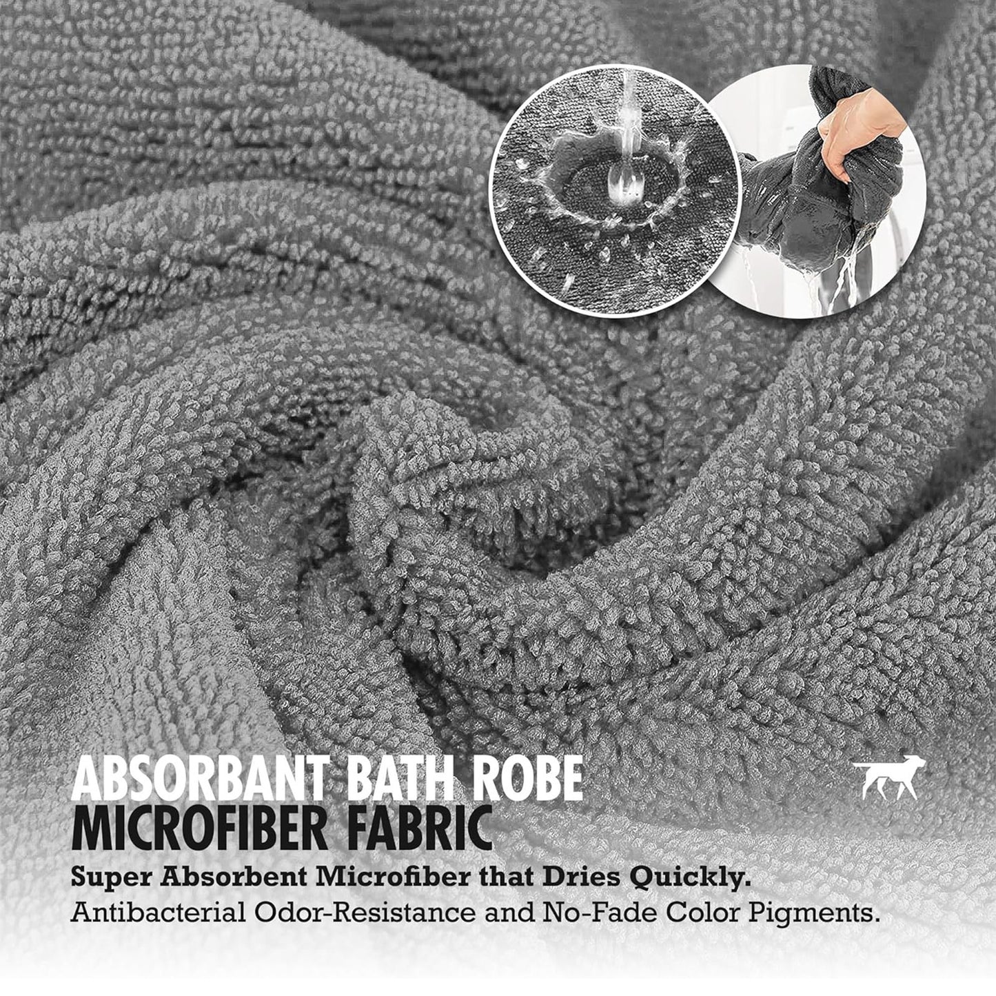 Gray bathrobe with text highlighting absorbent properties and features.